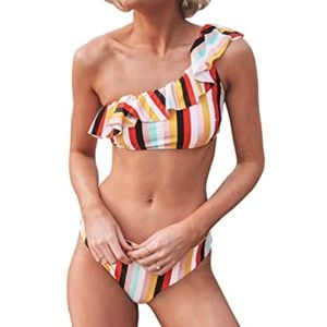 Cupshe One Shoulder Ruffled Striped Bikini NWT